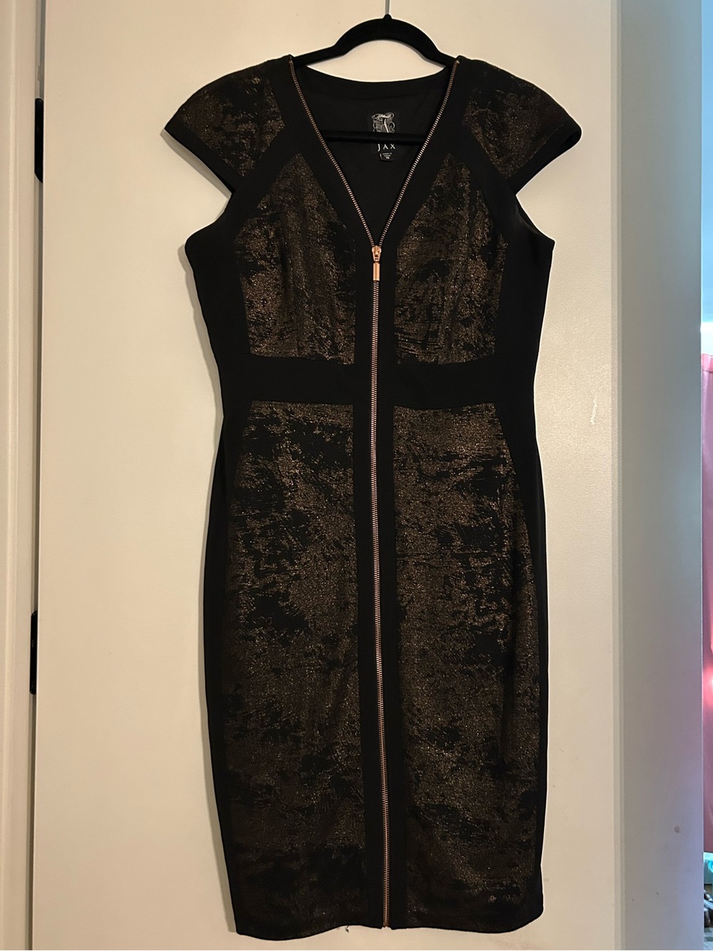 Jax Black and Metallic Gold Zip-Front Midi Dress